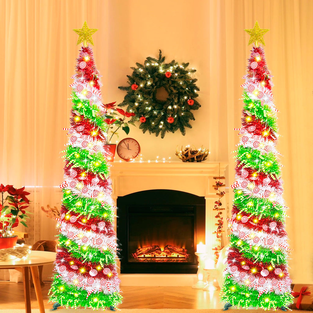 5FT Pop Up with 8 Rmote Lights Modes - 3 Color Sequin Tinsel, Collapsible Artificial Pencil Christmas Trees
