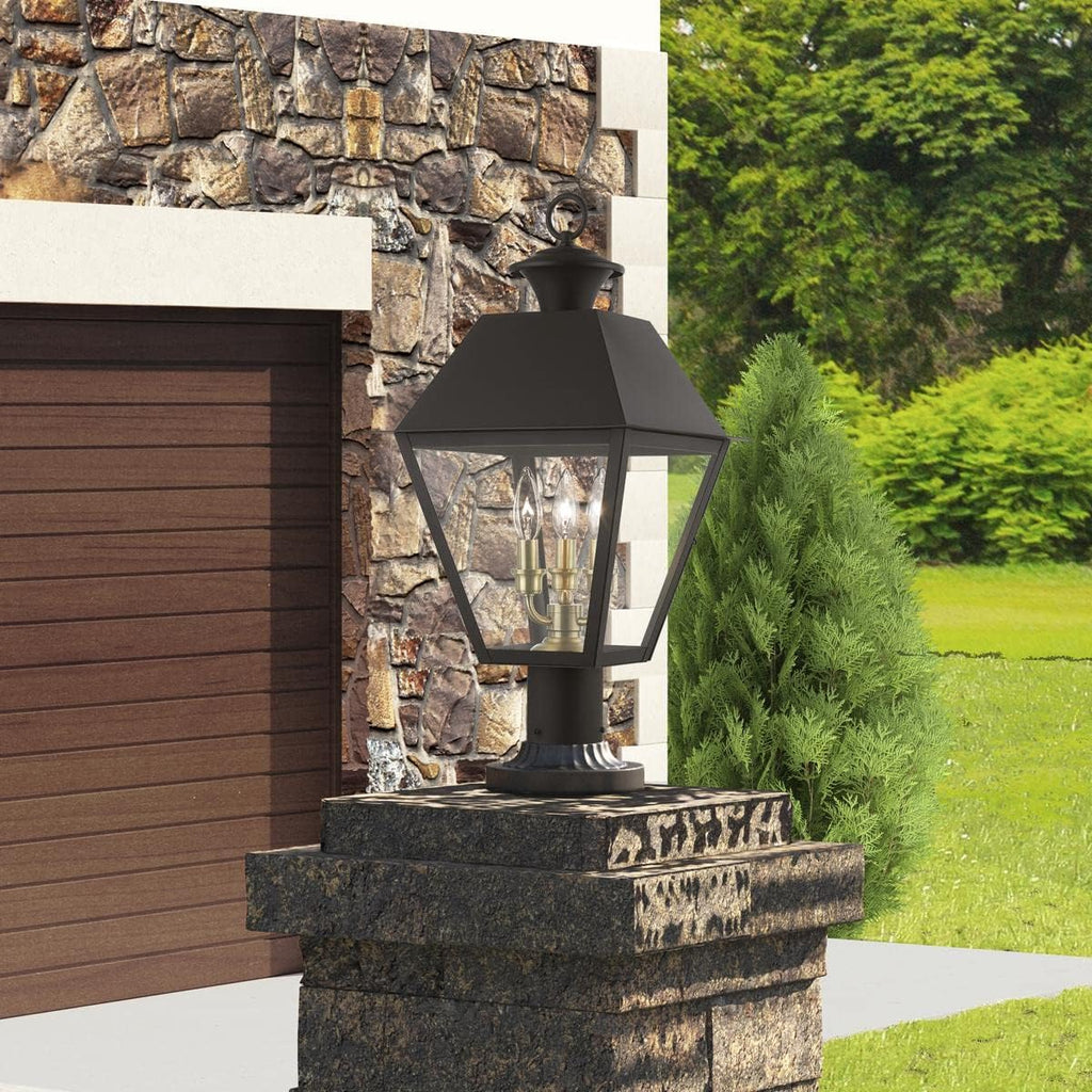 Wentworth, Outdoor Large Post Top Lantern, Bronze with Antique Brass Finish Cluster
