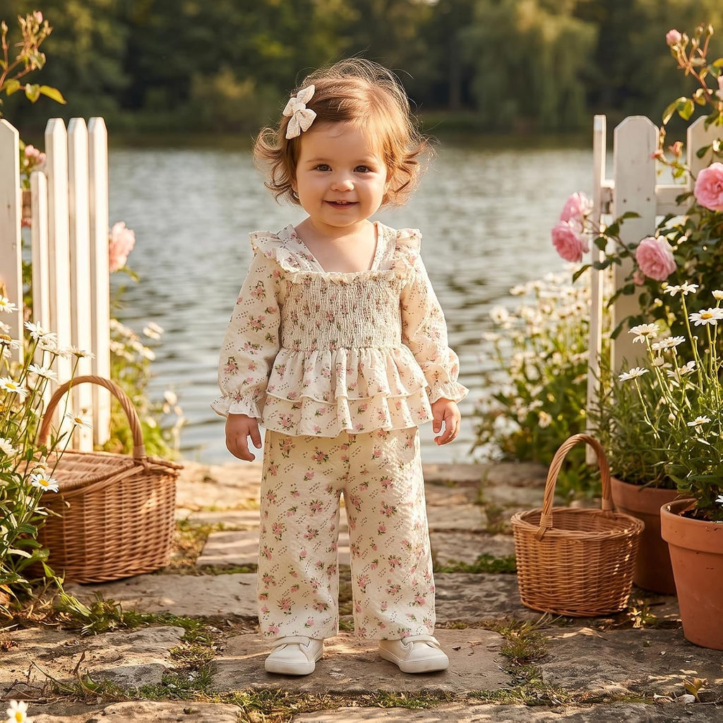 Toddler Baby Girl Fall Outfit Floral Print Smocked Shirt Pants Set