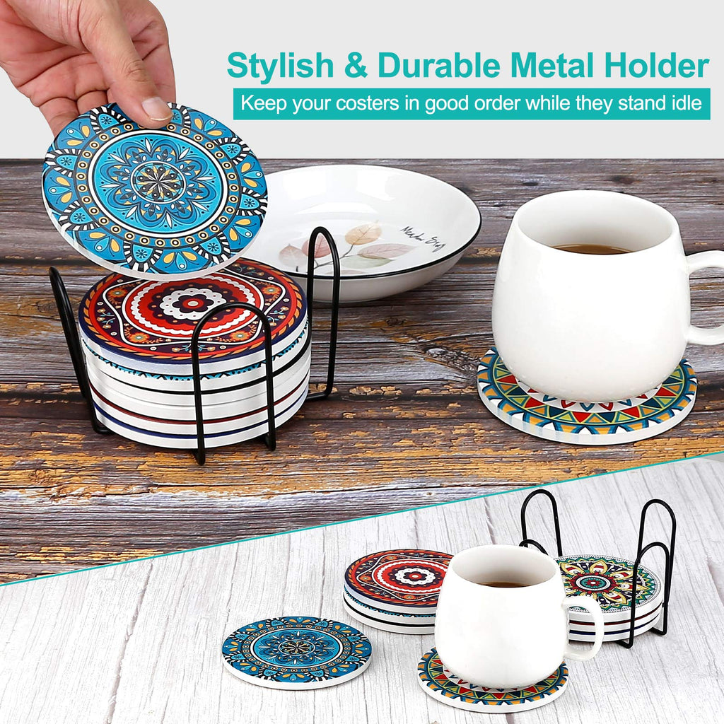 Coasters for Drinks, Set of 8 Absorbent Stone Coasters for Wooden Table, Mandala Ceramic with Cork Base, Gift warming