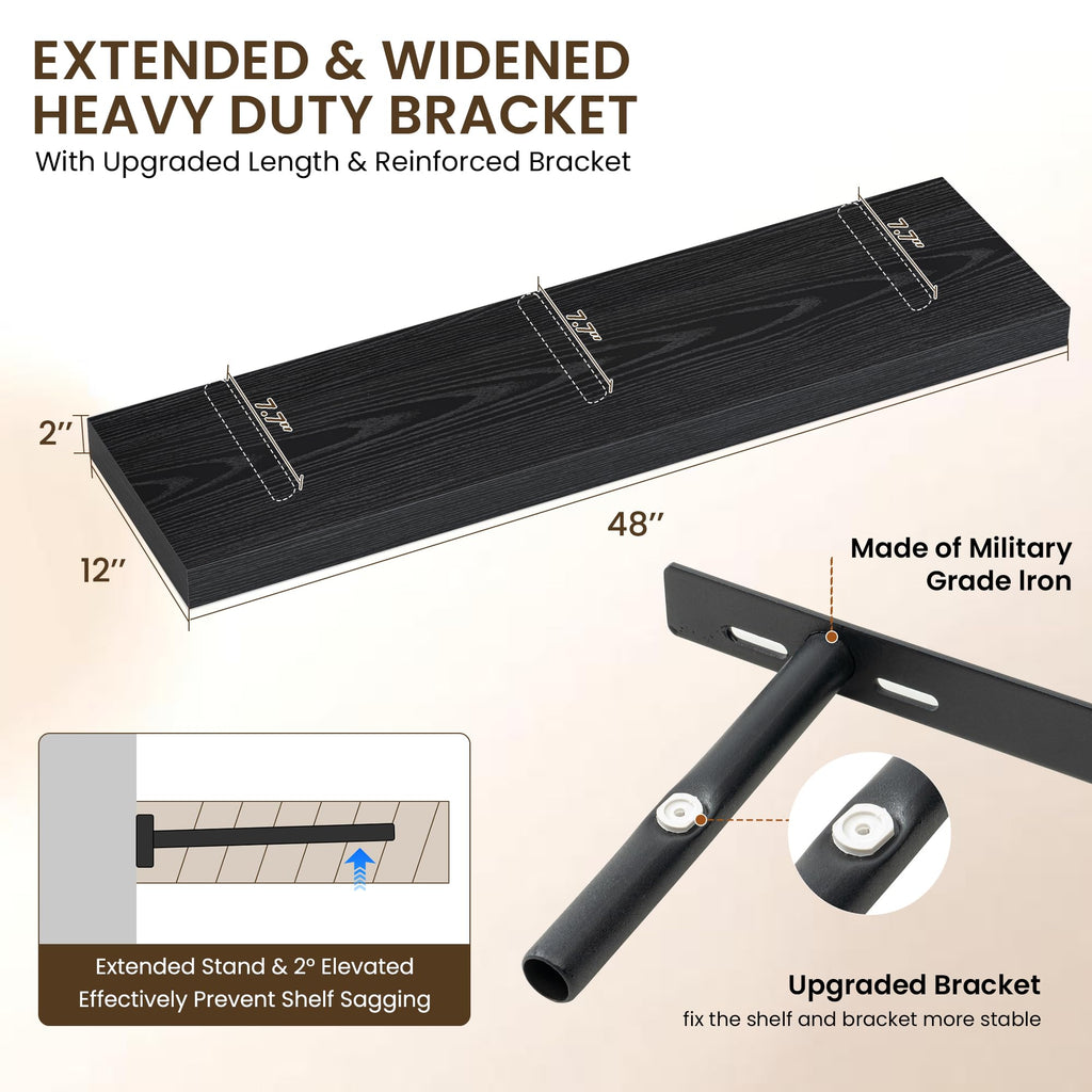 48" Floating Shelves for Wall, 12" Deep Thicker Black Floating Shelves, Wall-Mounted Shelves - Set of 2