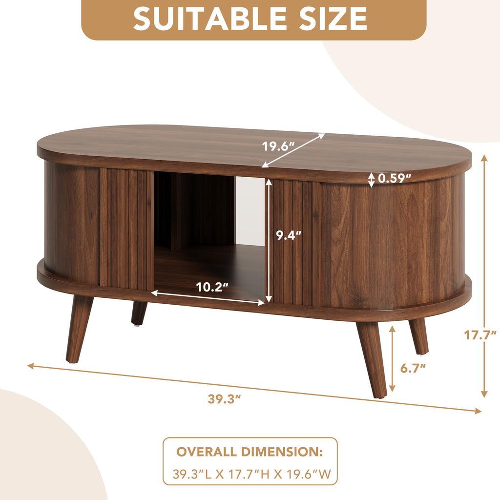 39.3" Oval Fluted Coffee Table with Storage, Fluted Mid-Century, Walnut