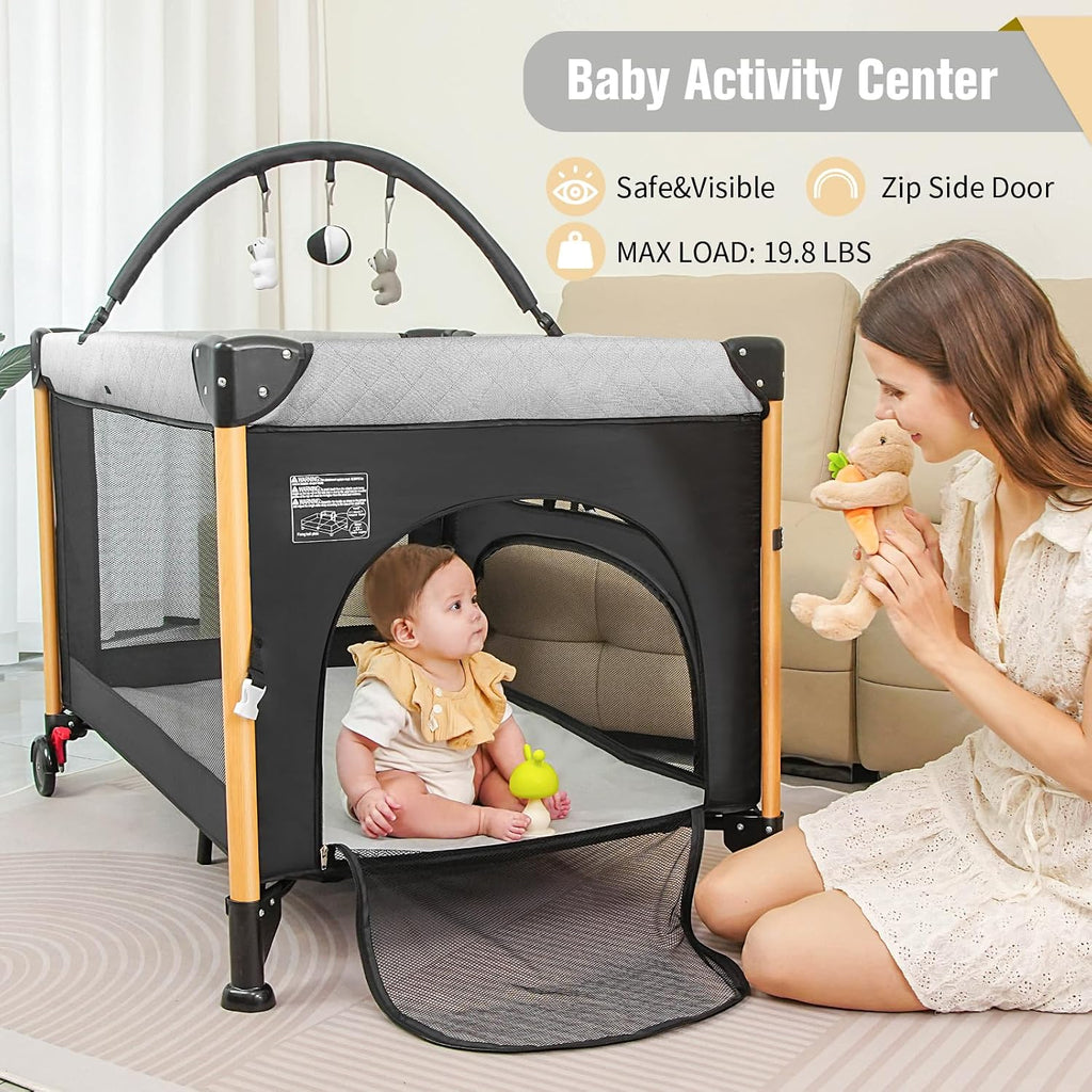 Bassinet 5 in 1 Pack and Play,Baby Crib Portable,Beside Sleeper,Black | One-Second &One-Hand Setup,Playard Adjustable
