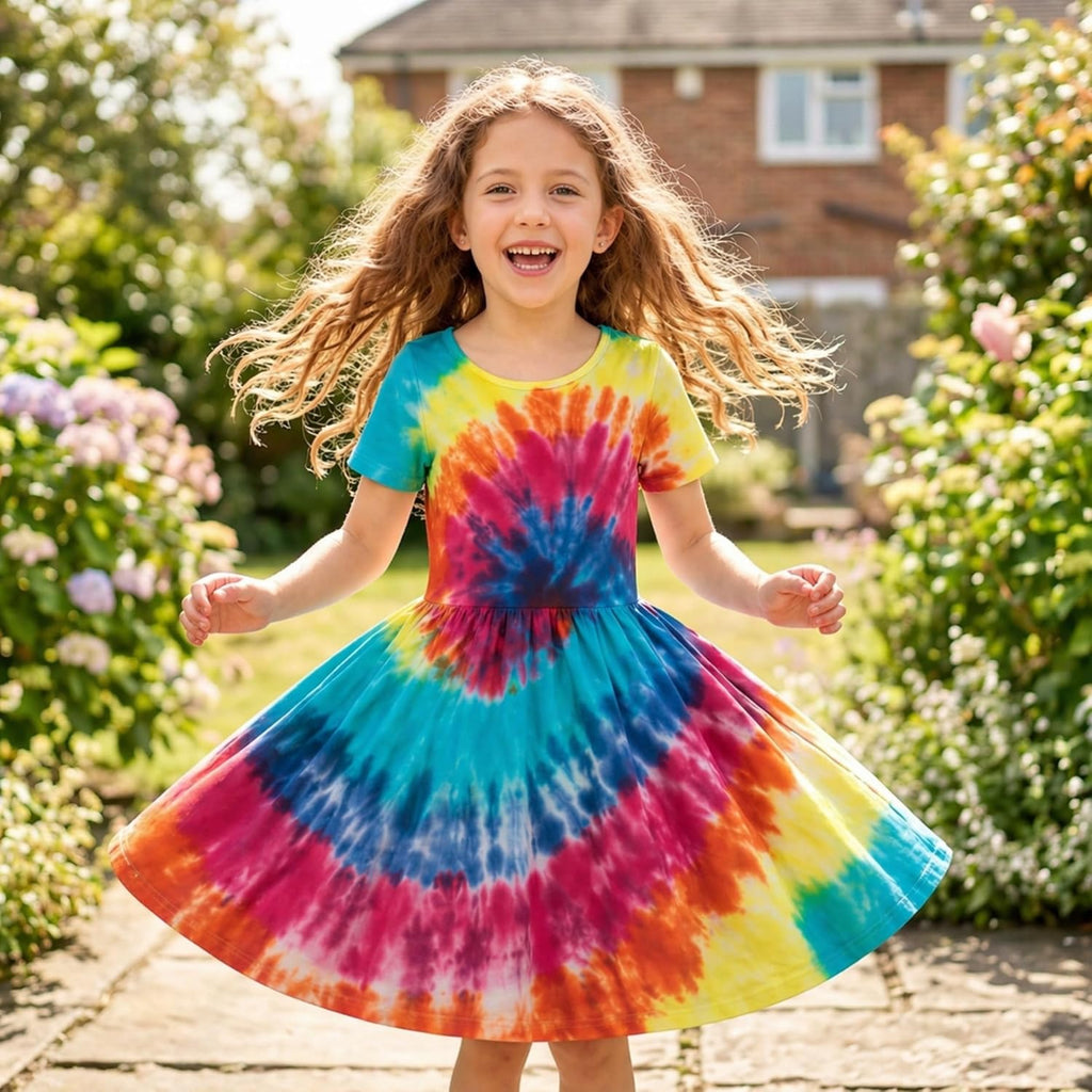 Girls Twirl Dress Girls Short Sleeve Twirly Skater Dress Tie Dye