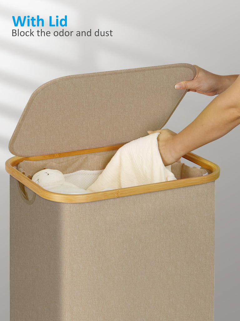 Laundry Basket with Wheels, Tall Rolling Laundry Hamper with Lid and Removable Bag, Aesthetic Dirty Clothes Hamper on