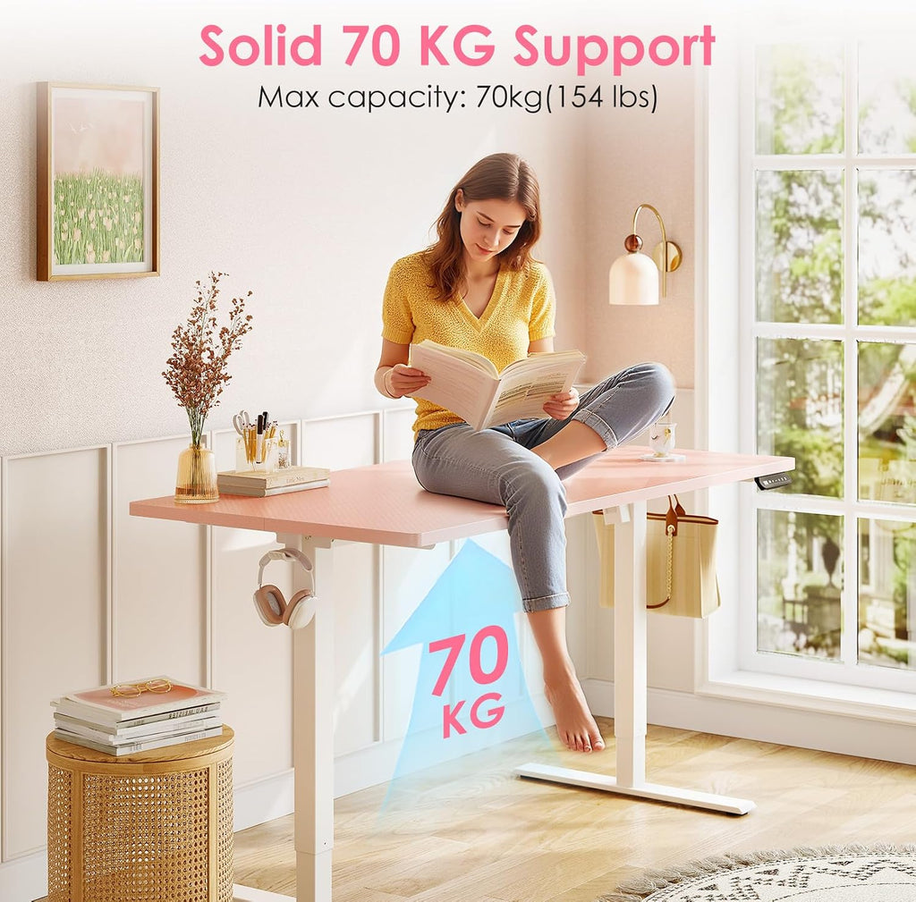48" Pink Electric Standing Desk Height Adjustable | 3 Memory Presets, Rear Cable Notch, Dual Side Hooks, Stand Up