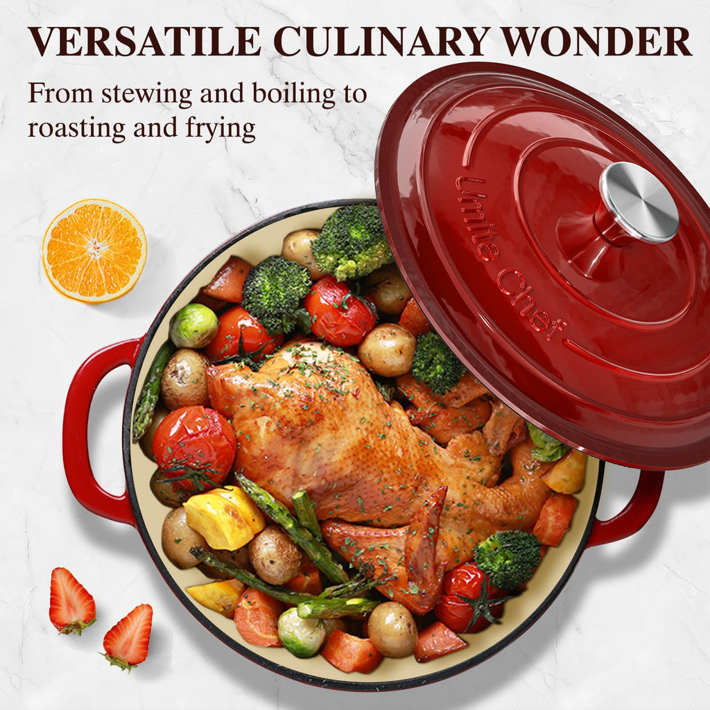 7QT Enameled Cast Iron Dutch Oven with Lid & Cotton Potholders-Heavy-Duty Cookware for Bread Baking, Braising, Stews
