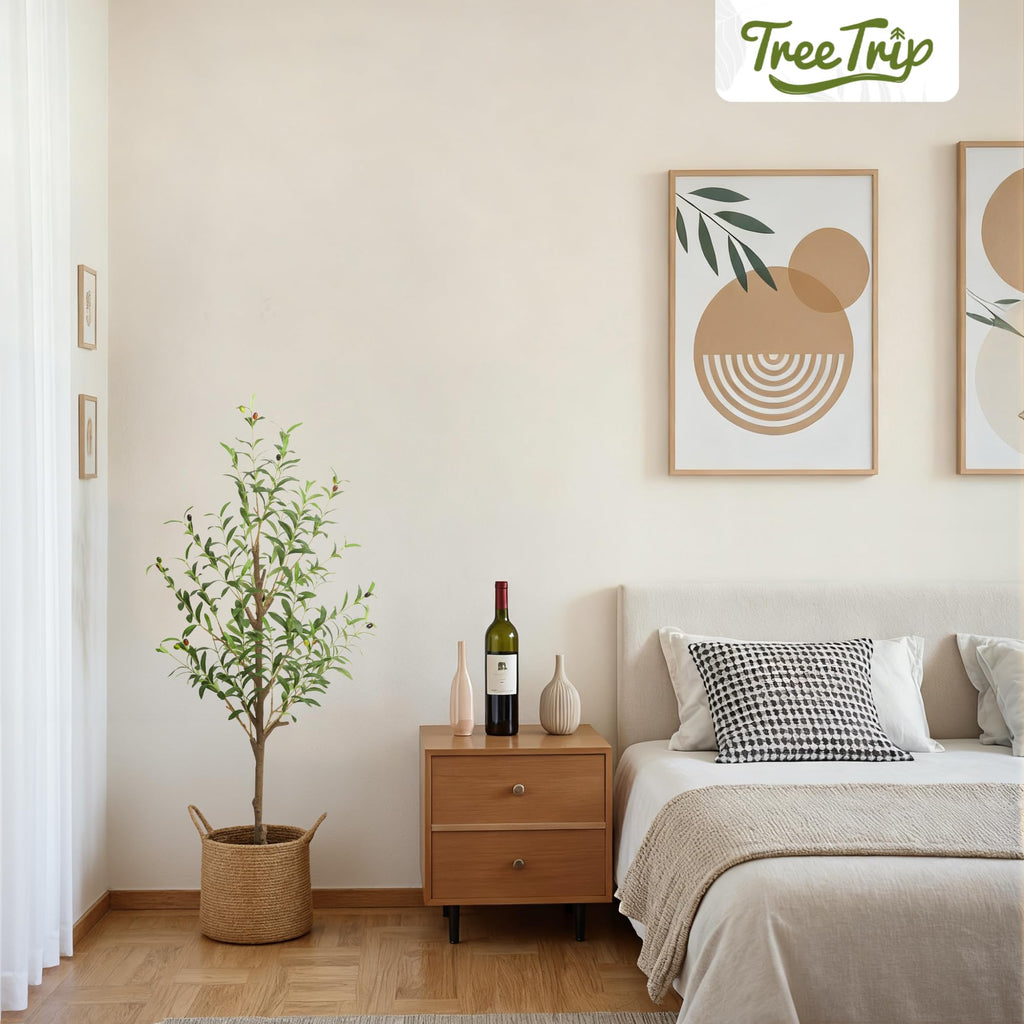Olive Tree Artificial Indoor, 4 FT Faux Olive Trees with Planter, Fake Plants with Natural Trunk and Lifelike Fruits