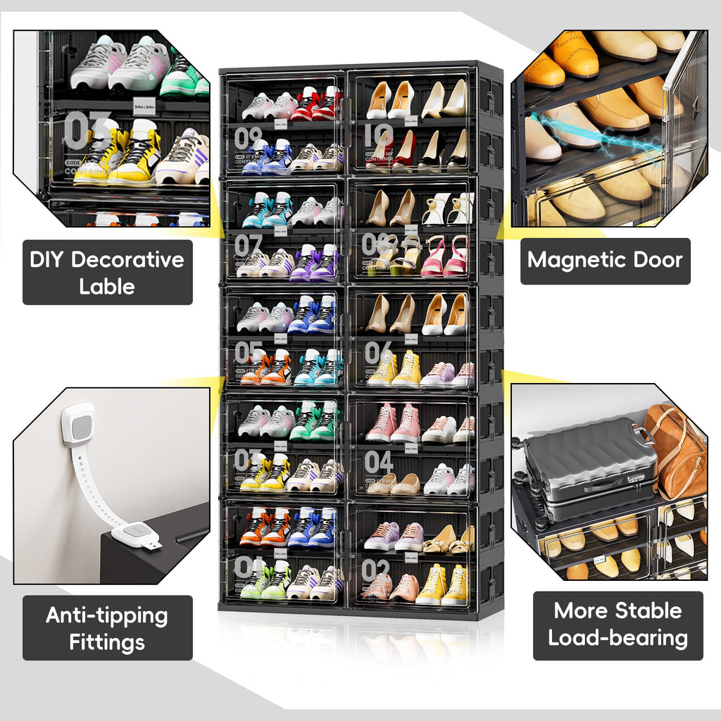 10 Tiers Foldable Shoe Rack Organizer Cabinet for Closet Entryway, Large Collapsible Shoe Storage Box with Magnetic