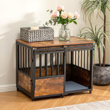 32 Inch Dog Crate Furniture with Cushion for Large Medium Dogs, Wooden Heavy Duty Dog Kennel with Double Doors