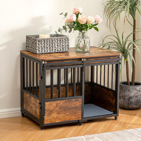 32 Inch Dog Crate Furniture with Cushion for Large Medium Dogs, Wooden Heavy Duty Dog Kennel with Double Doors
