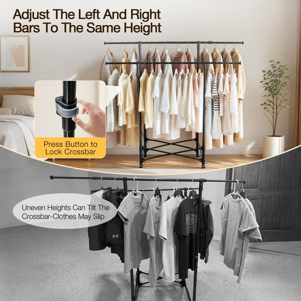 No-assembly Clothes Rack,Double Rod 59-Inch Rolling clothing rack