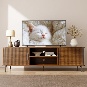 70" Mid-Century Fluted TV Stand with Storage up to 80 Inch, Walnut