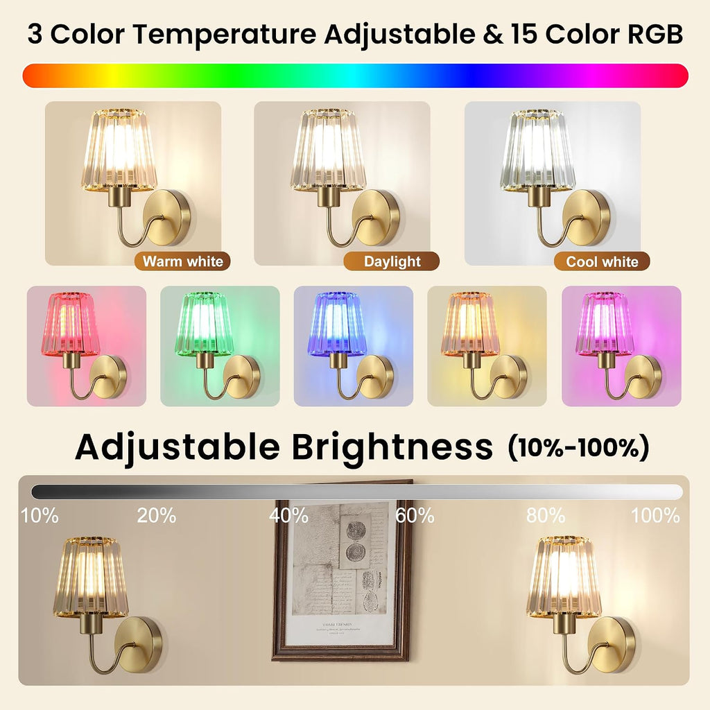 Wireless Sconces Wall Decor Set of 2，Rechargeable Battery Operated Wall Sconce with Remote, 15 Color Dimmable Wall