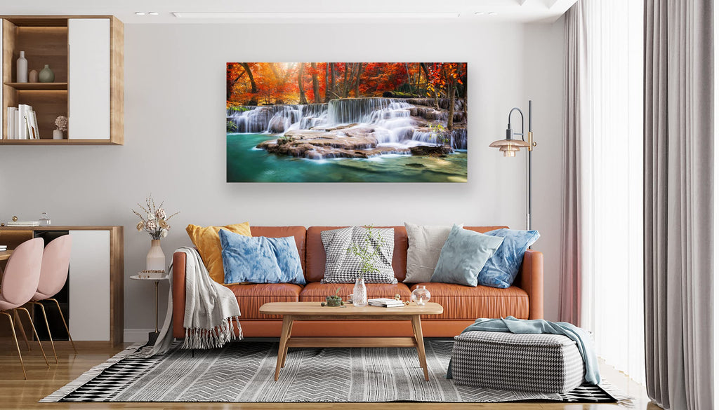 Wall Art Canvas Painting Red Forest Waterfalls 1 Piece Modern Landscape Tree Picture Poster Print Framed and