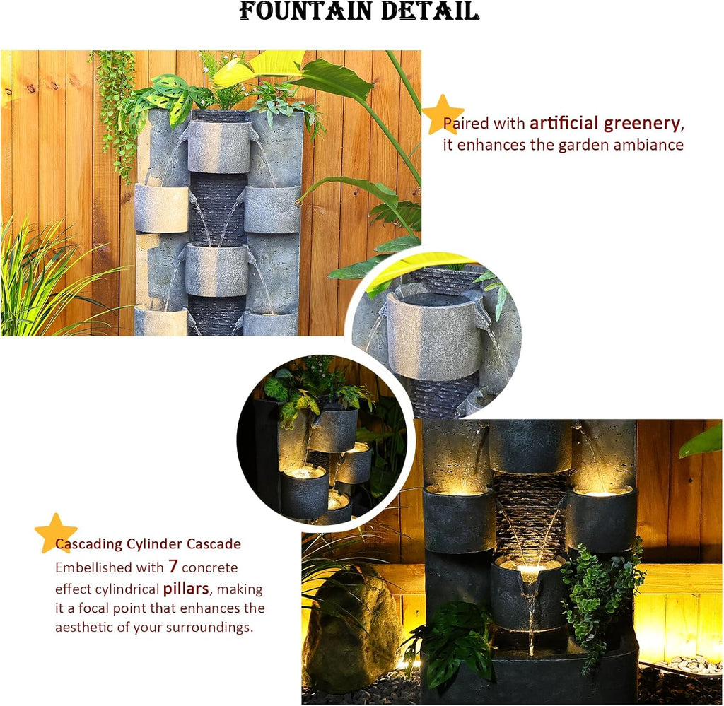 Outdoor Water Fountain Garden - Waterfall Large Water Feature Fountains with LED Lights & Pump