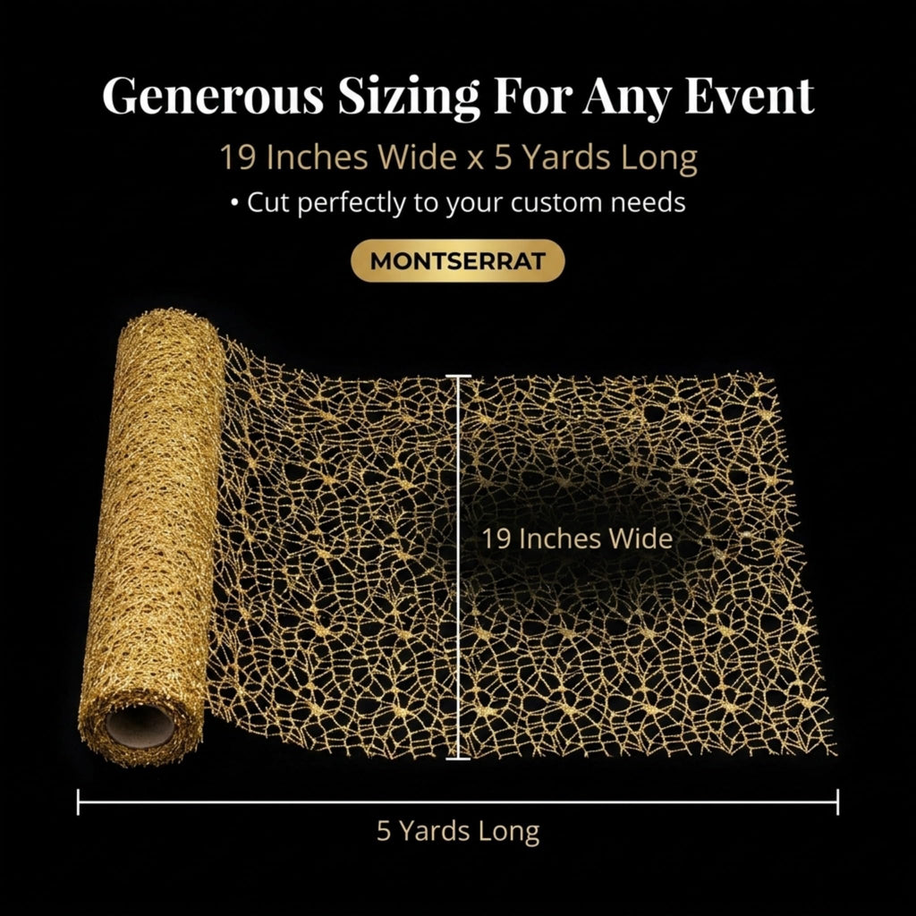 Gold Glitter Cobweb Mesh Lace Decorative Fabric Roll - 19 inches x 5 Yards, Decorative Wedding Fabric for Wedding