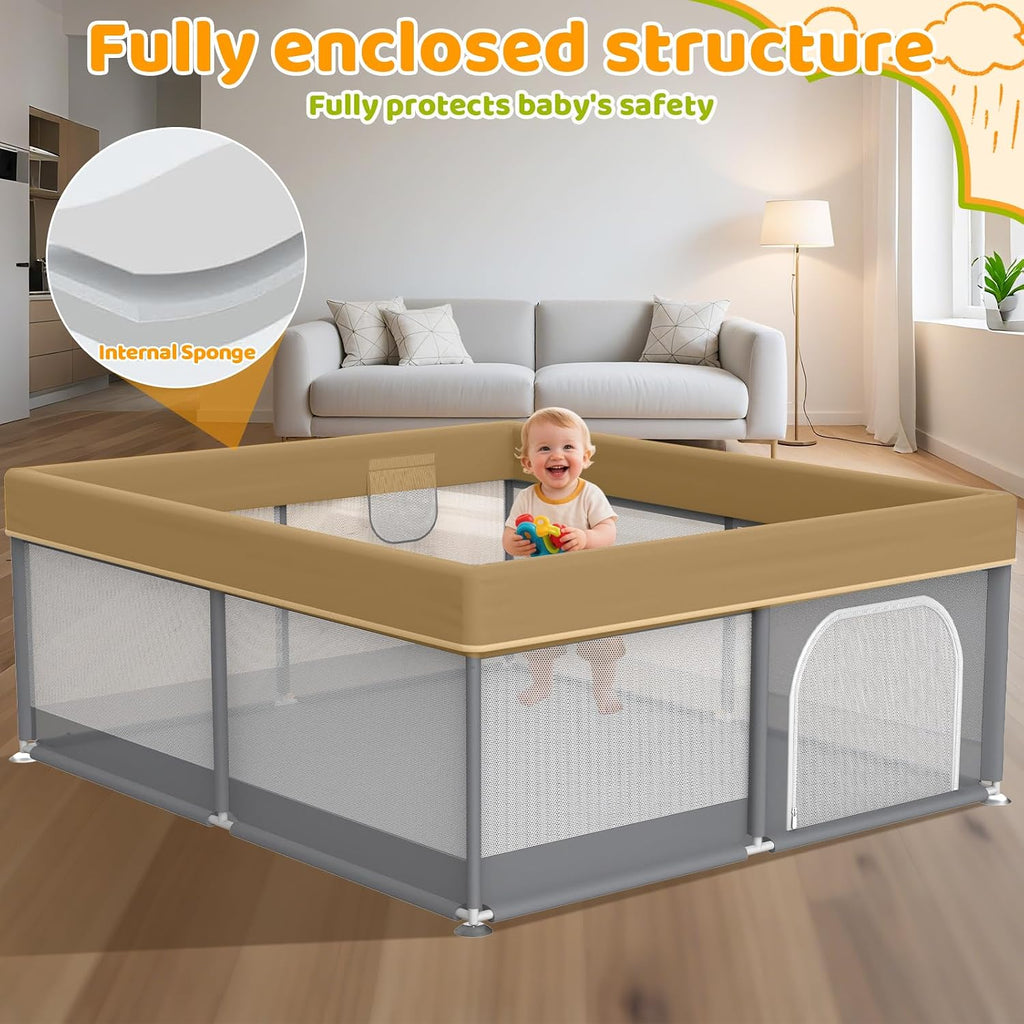 Baby Playpen 50"x50" for Toddlers Play Yard with Pull Up Rings and Gate