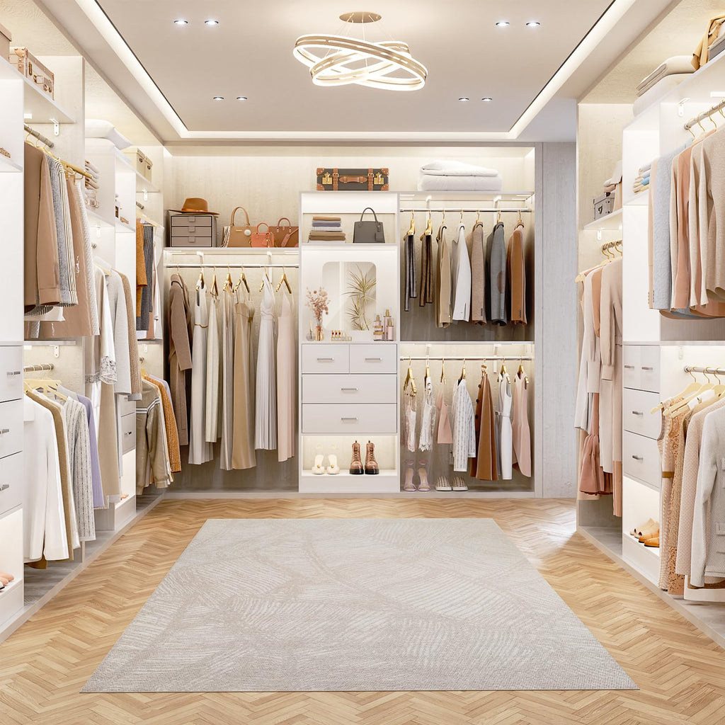 8FT Closet System with 4 Drawers, 96" Wood Closet Organizer with Mirror and Hanging Rods, Sturdy Walk in Wardrobe