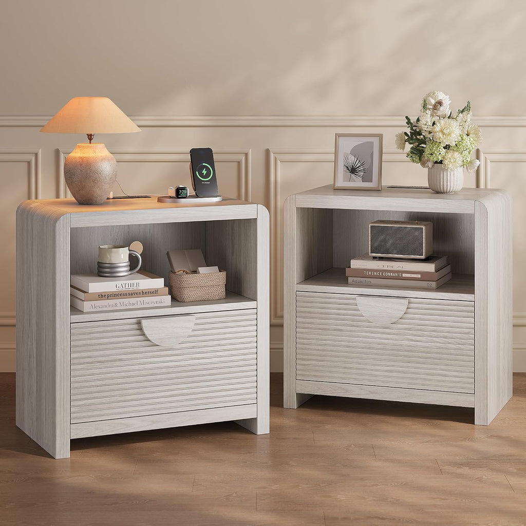 Fluted Nightstands Set of 2 with Charging Station, 23" Wide Wood Bedside Tables with Drawer and Open Compartment, Mid