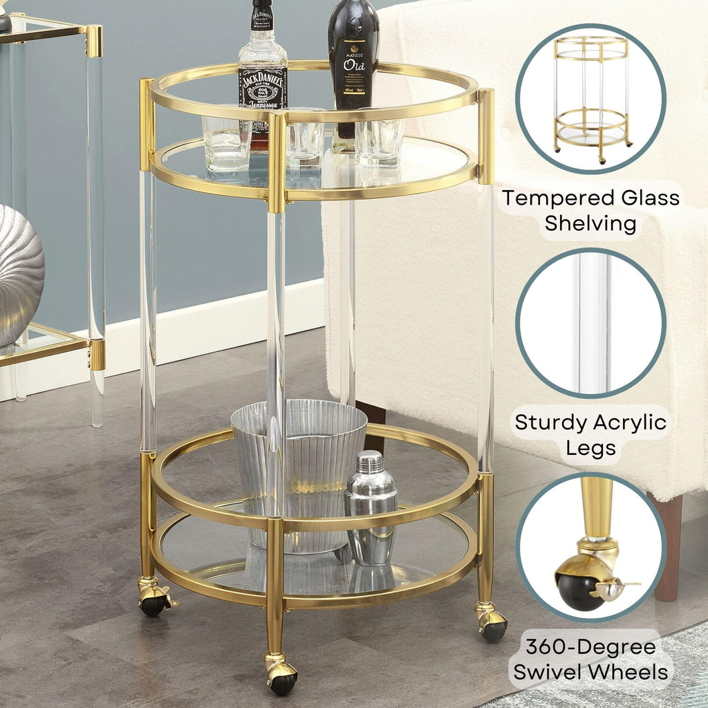 Royal Crest Acrylic Round Glass Bar Cart 22.25" - Modern 2 Tier Storage Bar with Wheels, Glam Wine Storage, Mobile
