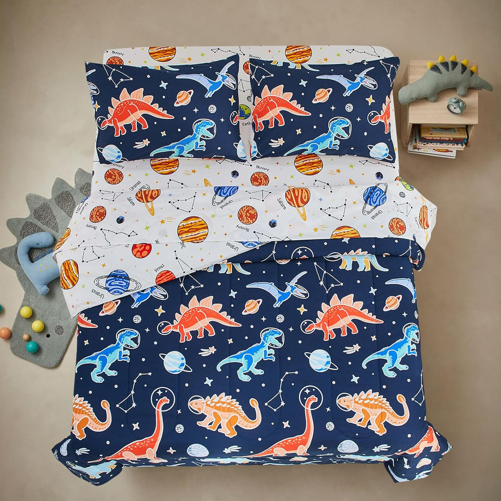 5pc Glow in The Dark Kids Comforter Set,Dinosaur Galaxy Printed, Space Bedding Set Twin for Boys Girls Teen