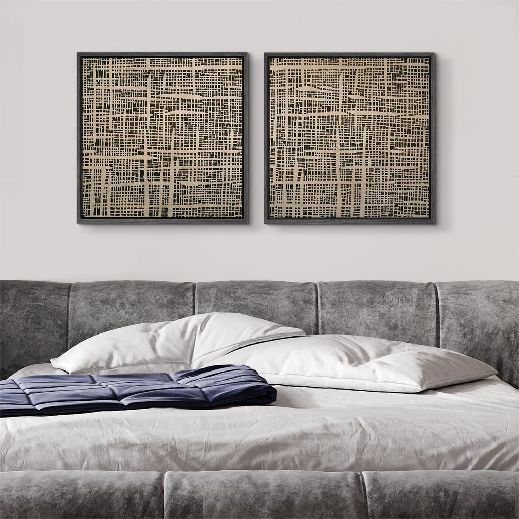 Framed Canvas Print Wall Art Set Abstract Grid Pattern Artwork, Neutral Geometric Illustrations Modern Art Minimal