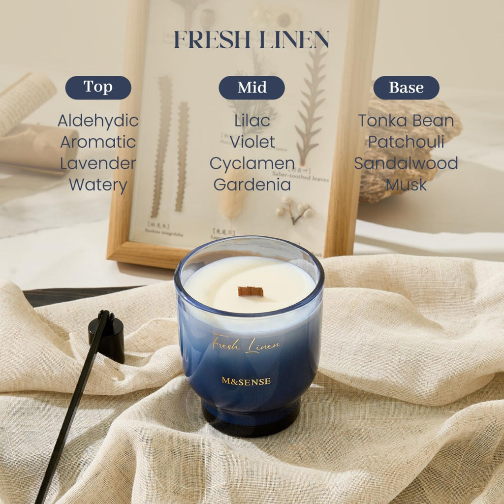 9.9oz Natural Soy Wax Jar Candle with Wooden Wick | Fresh Linen Scent | 55-Hour Burn & Long-Lasting Burn