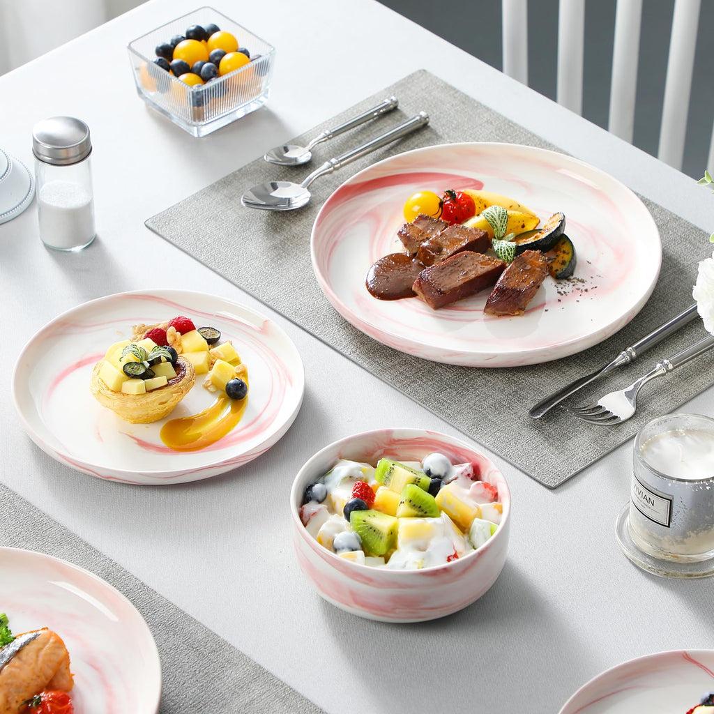 12 Pcs Porcelain Plates and Bowls Sets,Dinnerware Set for 4,Pink