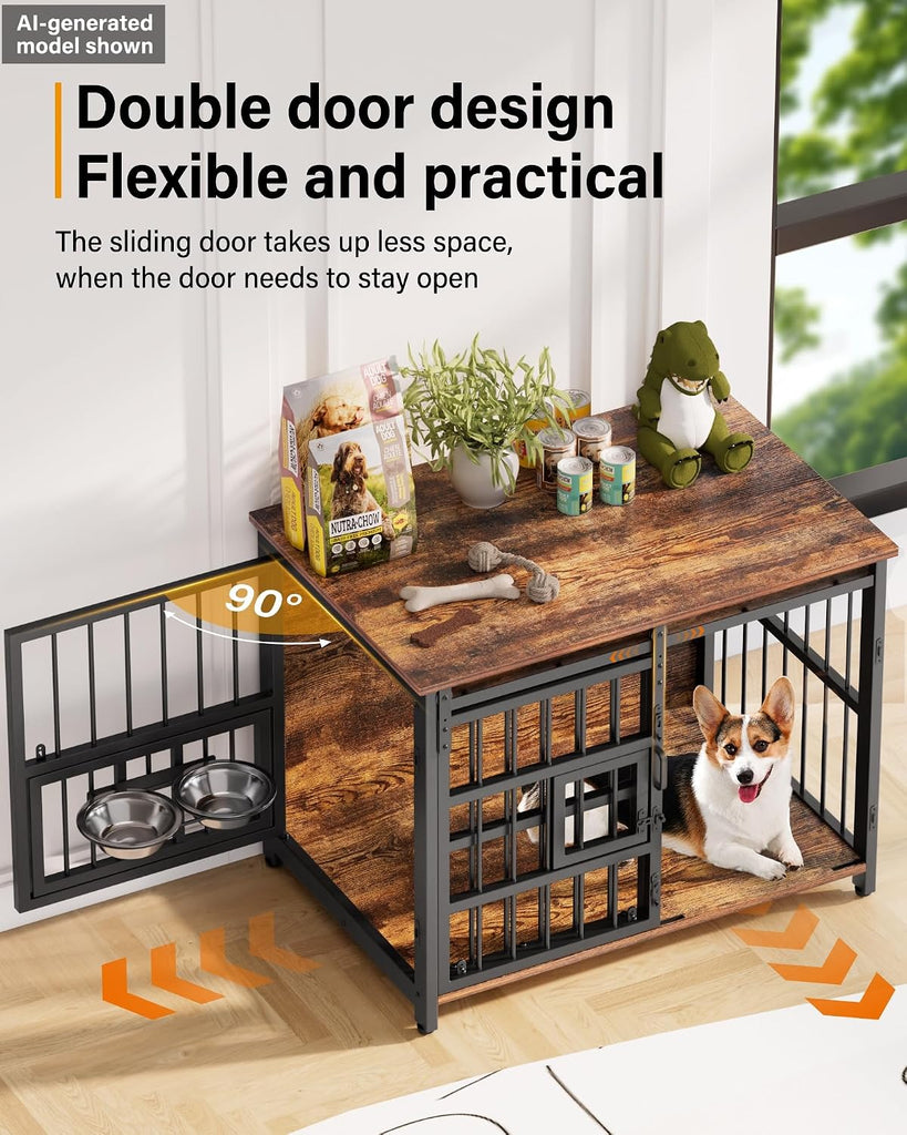 Dog Crate Furniture with Sliding Barn Door, 44"/39"/32" Decorative Dog Kennel Indoor with 2 Doors, Escape-Proof