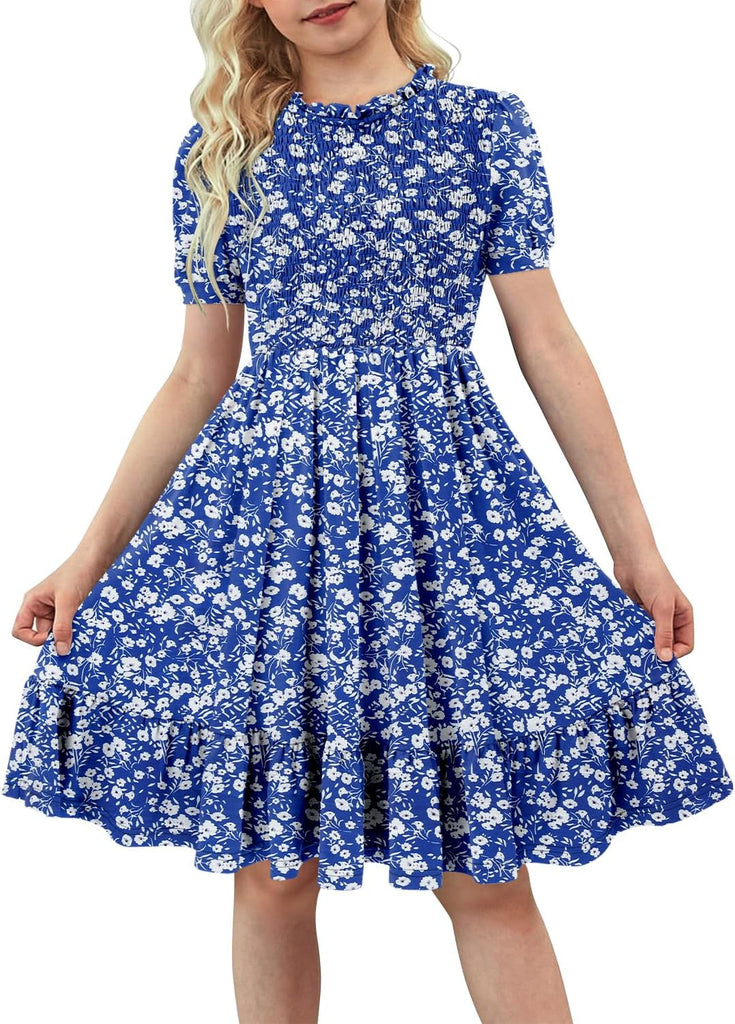 Girls Casual Dress Summer Puff Short Sleeve Smocked Ruffle Dresses