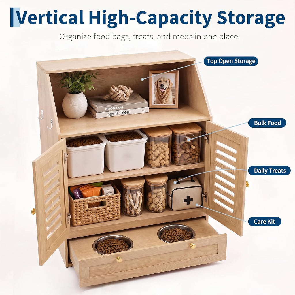 Dog Feeding Station with Storage & 2 Elevated Bowls, Natural