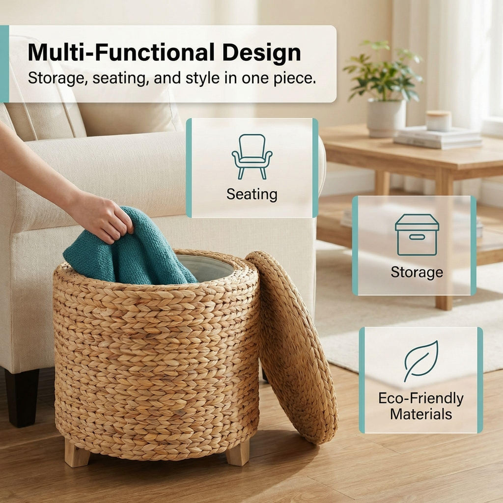 TM Round Ottoman with Storage Water Hyacinth Wicker Ottoman with Lid