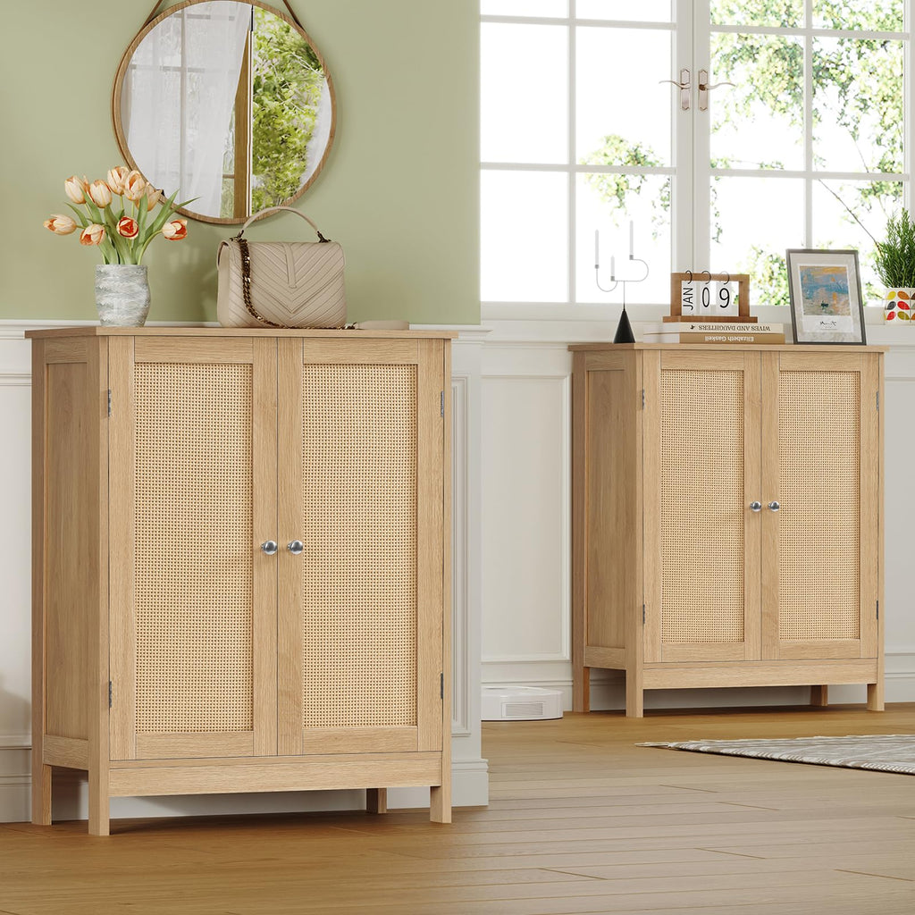 Storage Cabinet, Rattan Cabinet with Adjustable Shelf, Nature