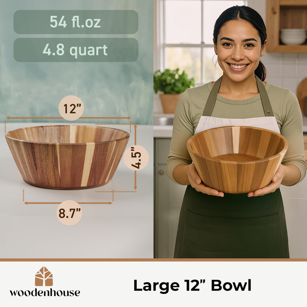 Wooden Salad Bowl, 12" Large Wooden Serving Bowls for Food, Handmade