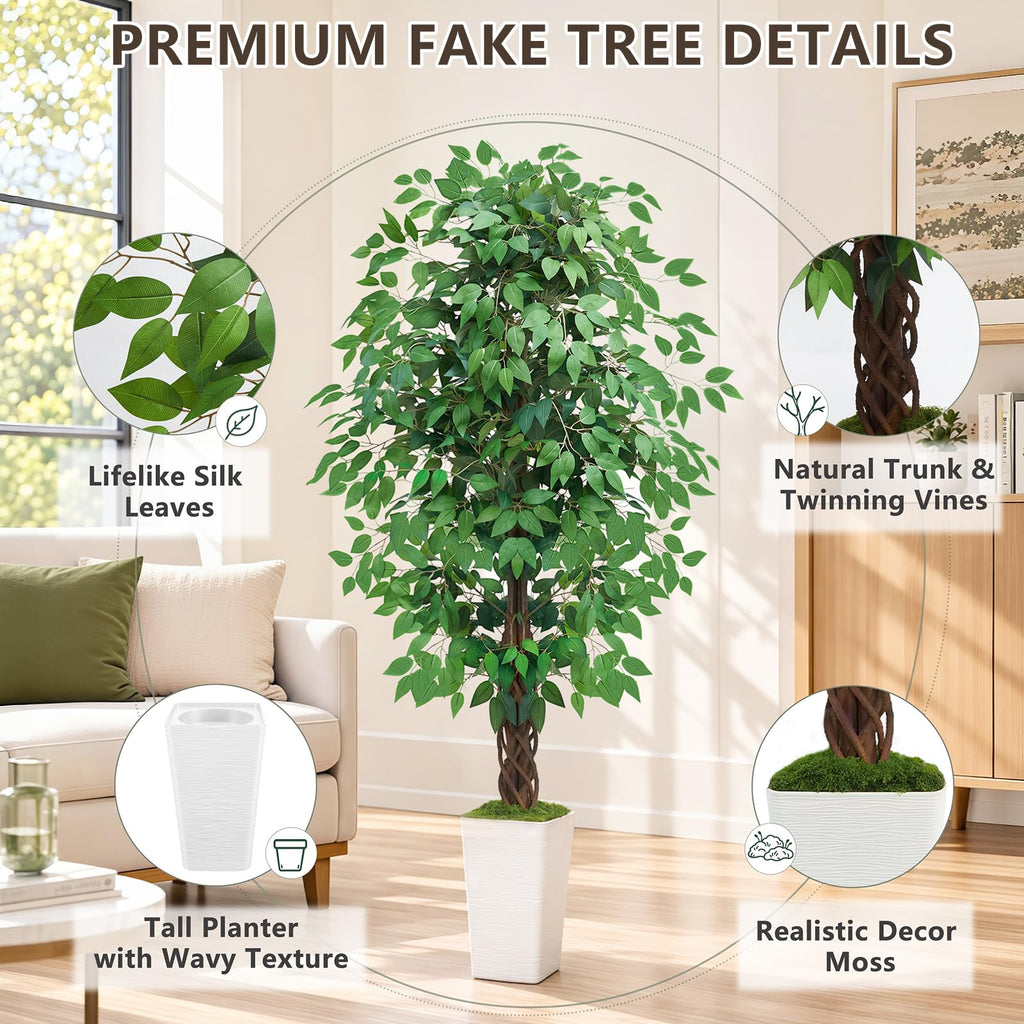 Artificial Ficus Tree, 6FT Tall Fake Plant, Large Faux Floor Tree