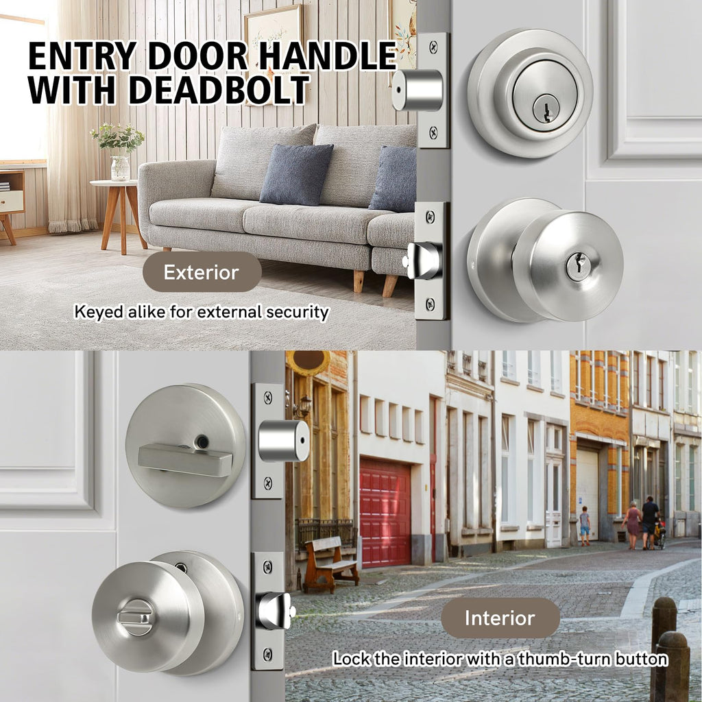 Door Knob and Single Cylinder Deadbolt Combo Set, Front Door Lock Set, Exterior Door Lock Set with Deadbolt, Keyed