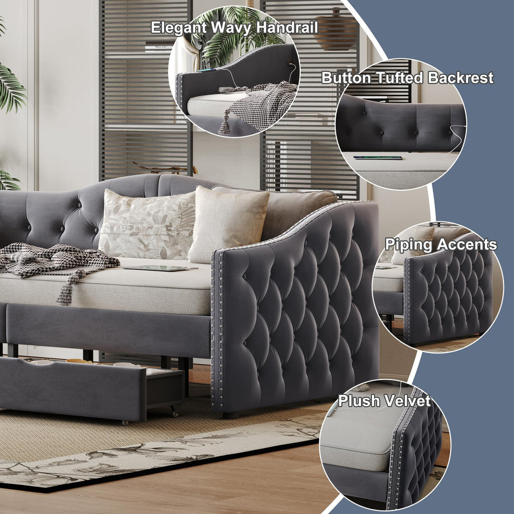 Twin Daybed with Storage, Upholstered Daybed with USB Charger and Two Storage Drawers, Button Tufted Velvet Twin Day
