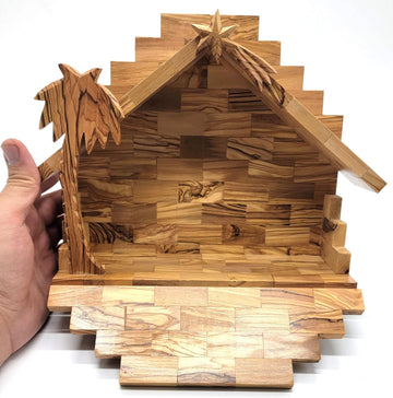 Olive Wood Nativity Stable -10.5x8.4x6.4 Inches | Hand Made from Bethlehem Olive Wood NAT113