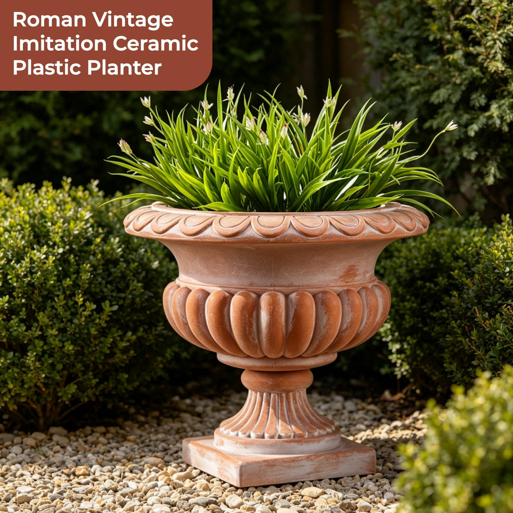 20" H Roman Urn Planter, Weathered Terracotta Finish Flowerpot (Plastic)