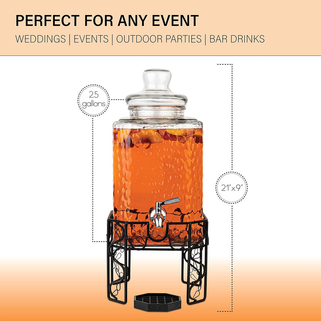 2.5 Gallon with Stainless Steel Spigot, Metal Stand, and Drip Tray - Mason Jar Style Drink Dispenser for Parties