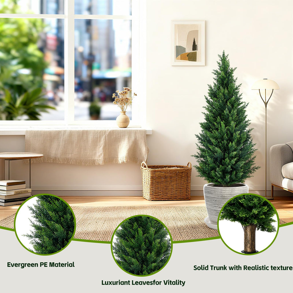 3Ft Artificial Cedar Topiary Trees (2-Pack) - UV Resistant Fake Shrubs with Ground Spike for Outdoor & Indoor Use