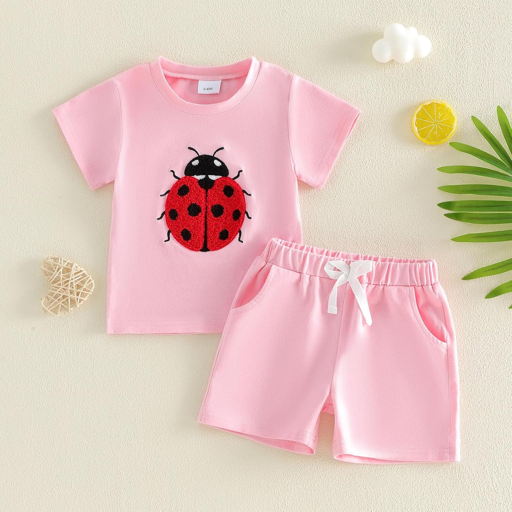 Baby Girl Boy Clothes Toddler Strawberry Shirt Sunflower/Bear/Floral Embroidery Top Shorts Set Infant Summer Outfit