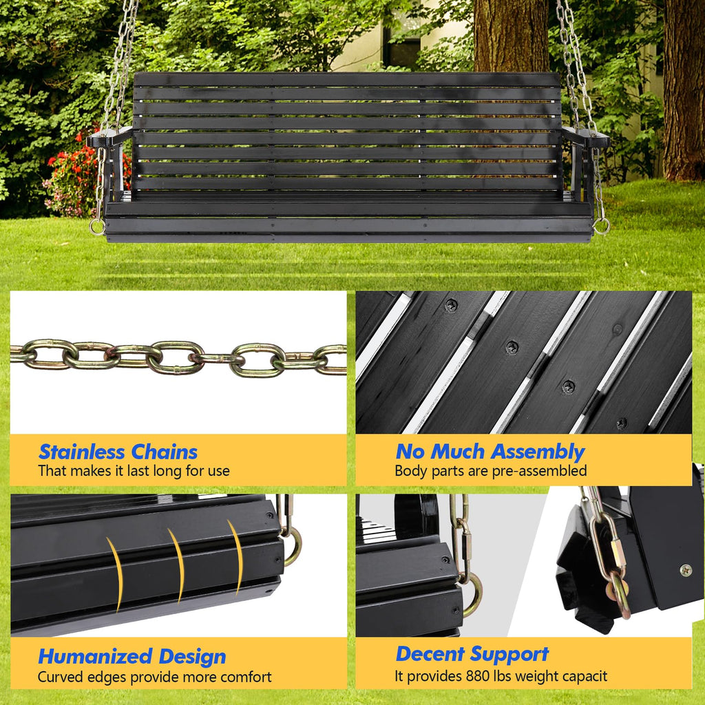 5FT Black Porch Swing, Wooden Bench with Adjustable Safe Chains