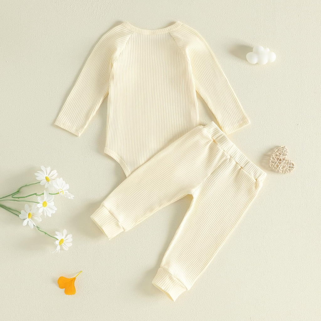 Newborn Baby Coming Home Outfit Ribbed Romper and Pants Set (Beige, Newborn)