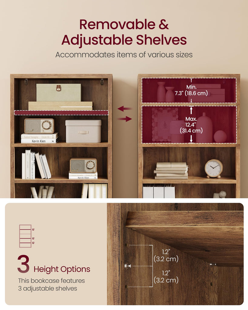 5-Tier Bookshelf, Minimalist Bookcase with Adjustable Shelves