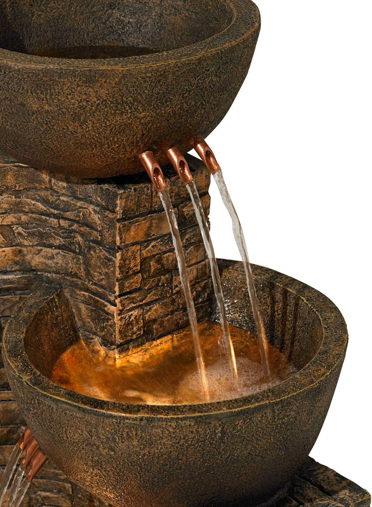 Mason 35" High Large Rustic Indoor Outdoor Decor Faux Stone Floor Fountain with Light LED Bowl Standing Tiered