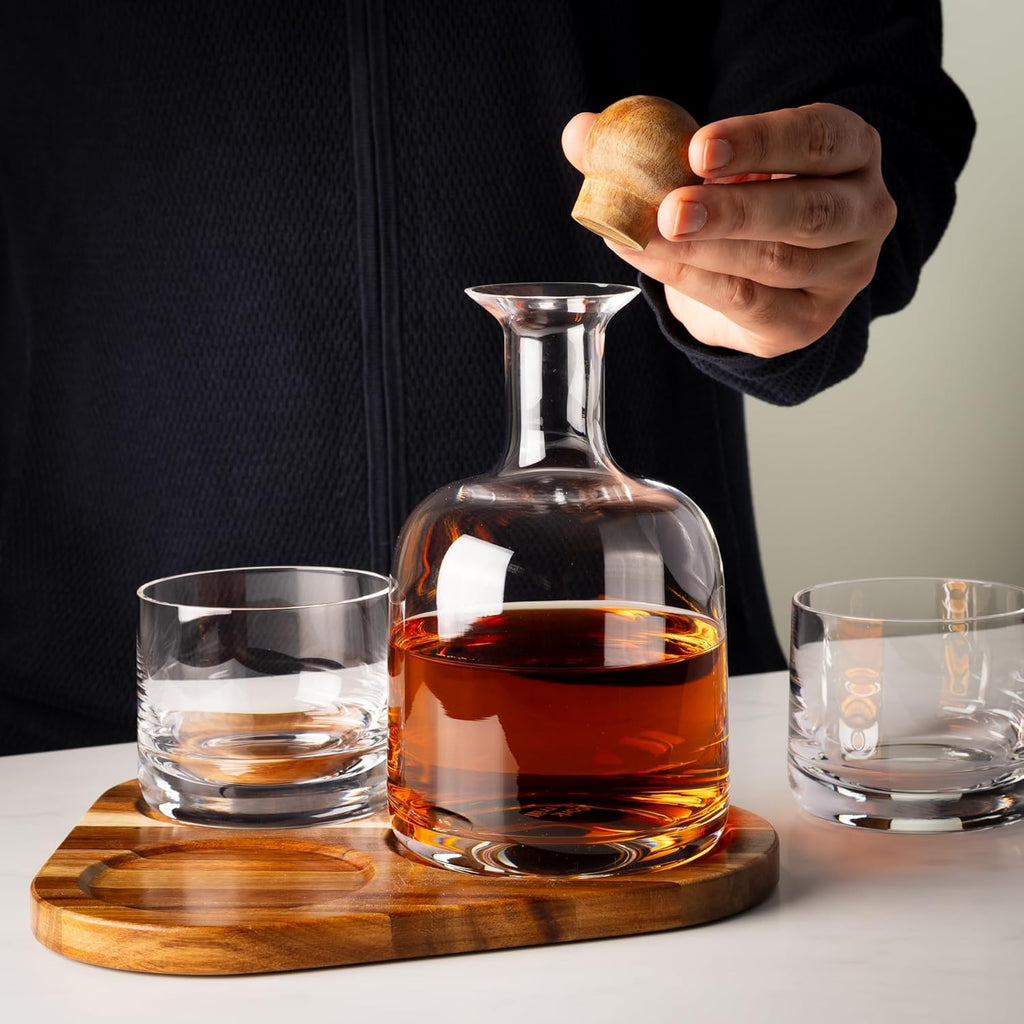 Whiskey Decanter Set with Glasses, Wood Tray and Stopper - Set of 5