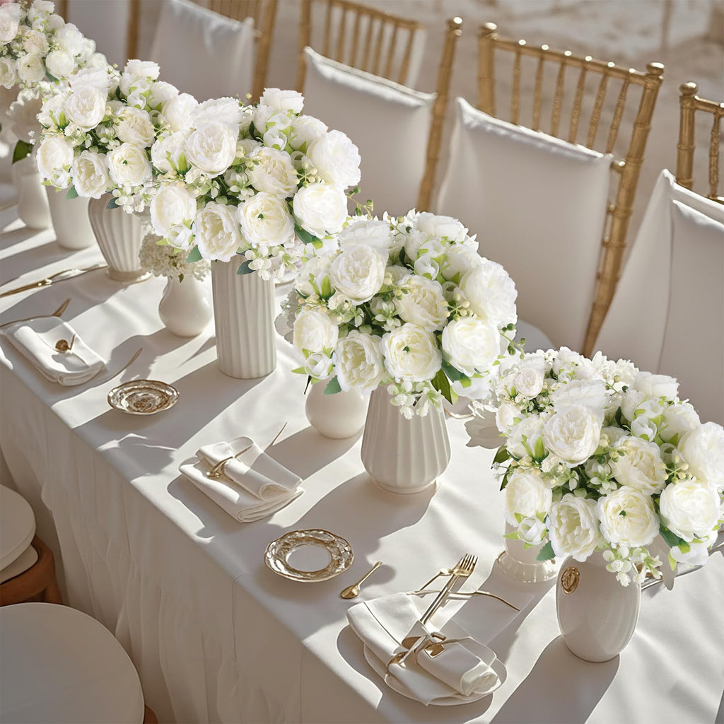 Peonies Artificial Flowers 12 Bouquets, White Flowers Lifelike Silk Fake Peonies with Stems Table Centerpieces