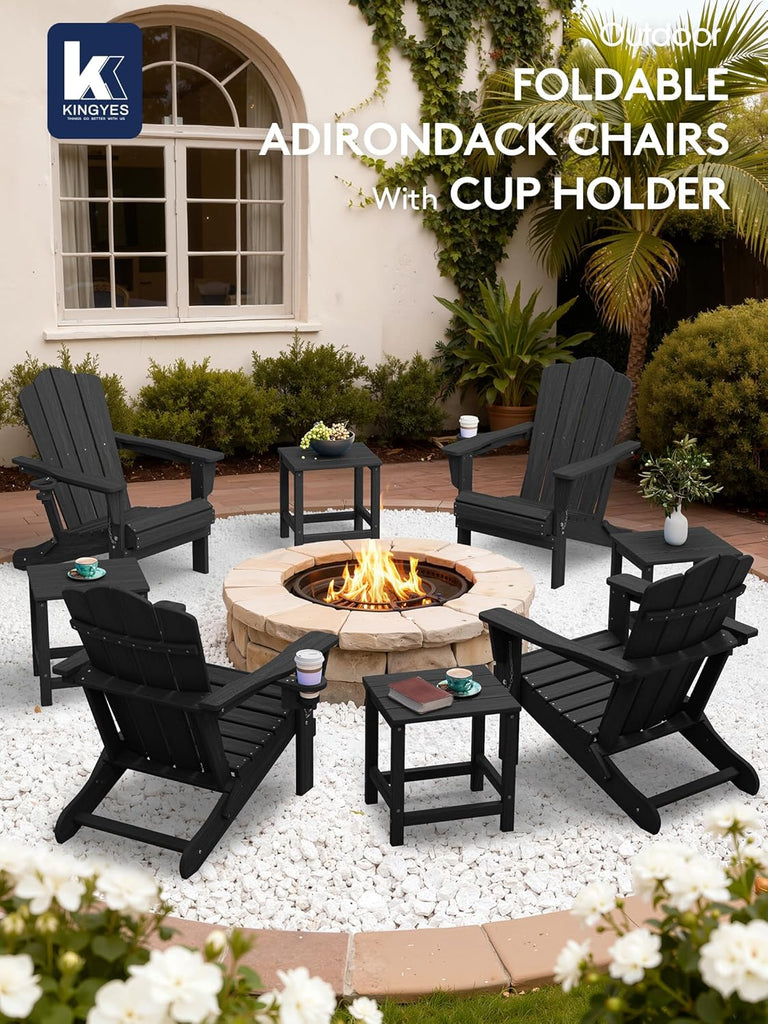 Folding Adirondack Chair, All-Weather HDPE Material, Black, 8 Pack | Wooden Textured Lawn Chair Patio Chairs for
